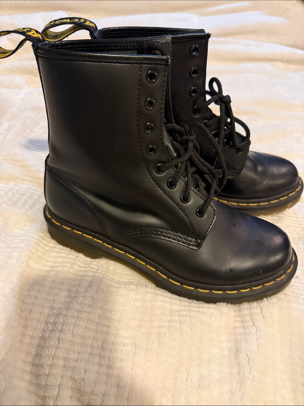Dr. Martens AirWair Black Lace-Up Combat Boots with Yellow Stitching